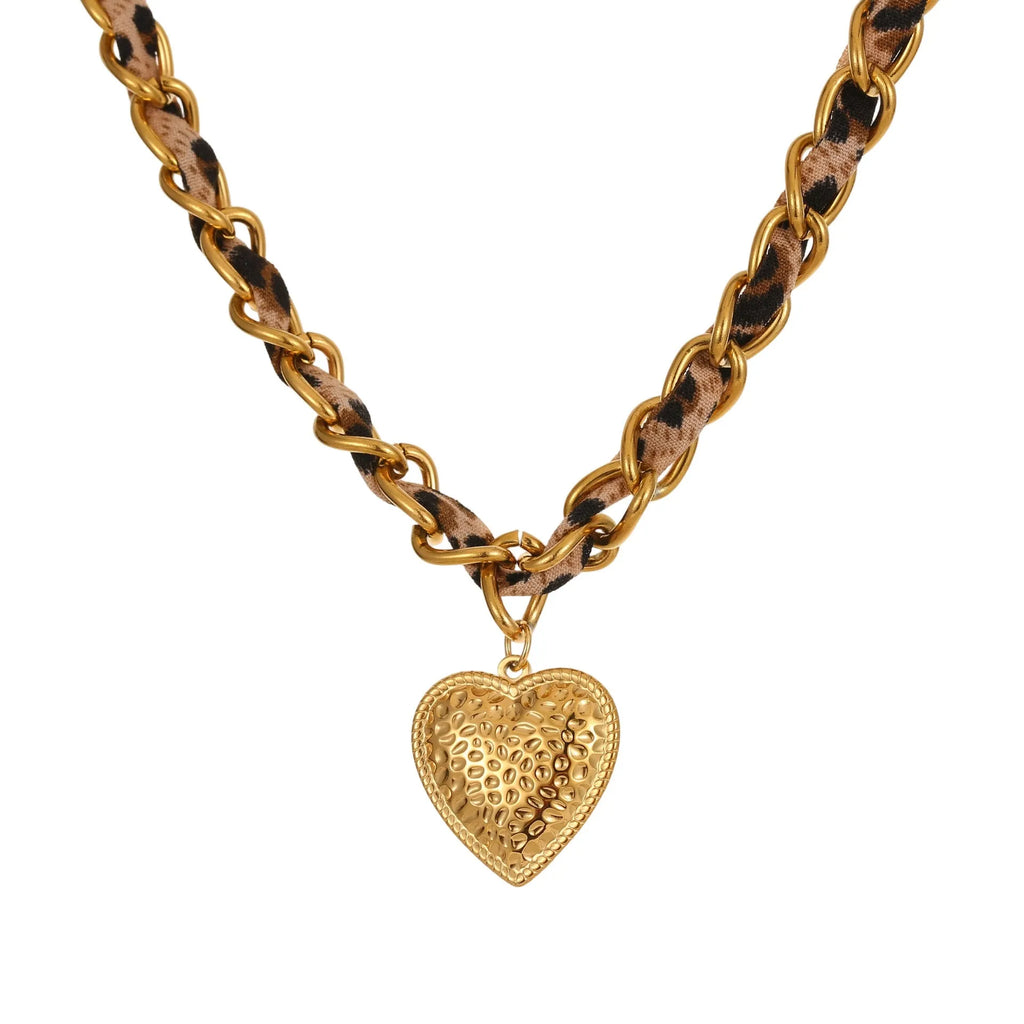 Women's stainless steel necklace with geometric leopard love pendant on adjustable chain
