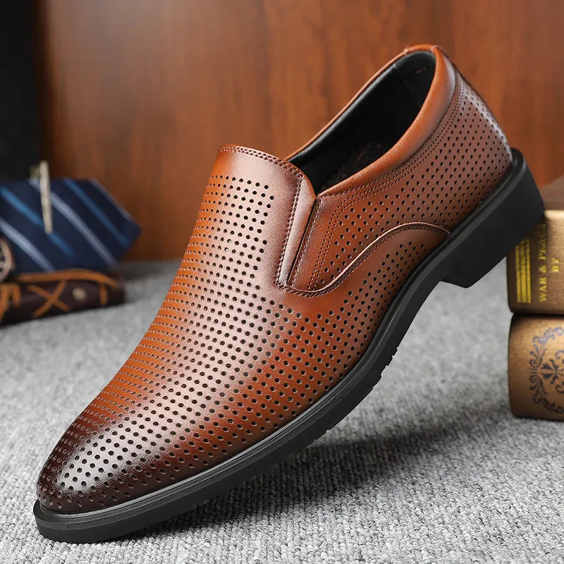 Men's black genuine leather slip-on loafers with a rubber sole and leather toe cap.