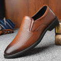 Men's black genuine leather slip-on loafers with a rubber sole and leather toe cap.