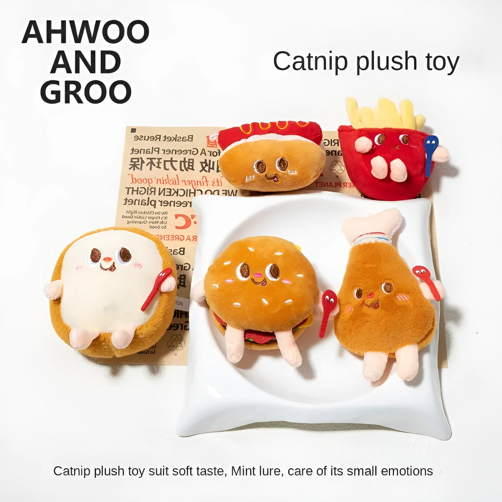 Assortment of kitten teething toys shaped like a hamburger, chicken leg, bread, fries, and hot dog.