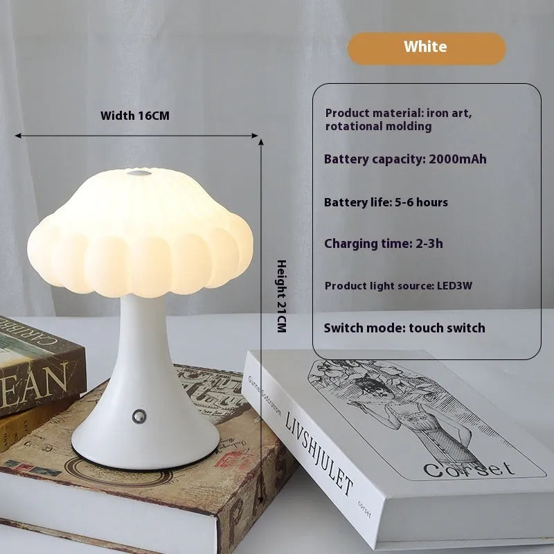 Mushroom-shaped charging touch night light in five colour options on wooden table