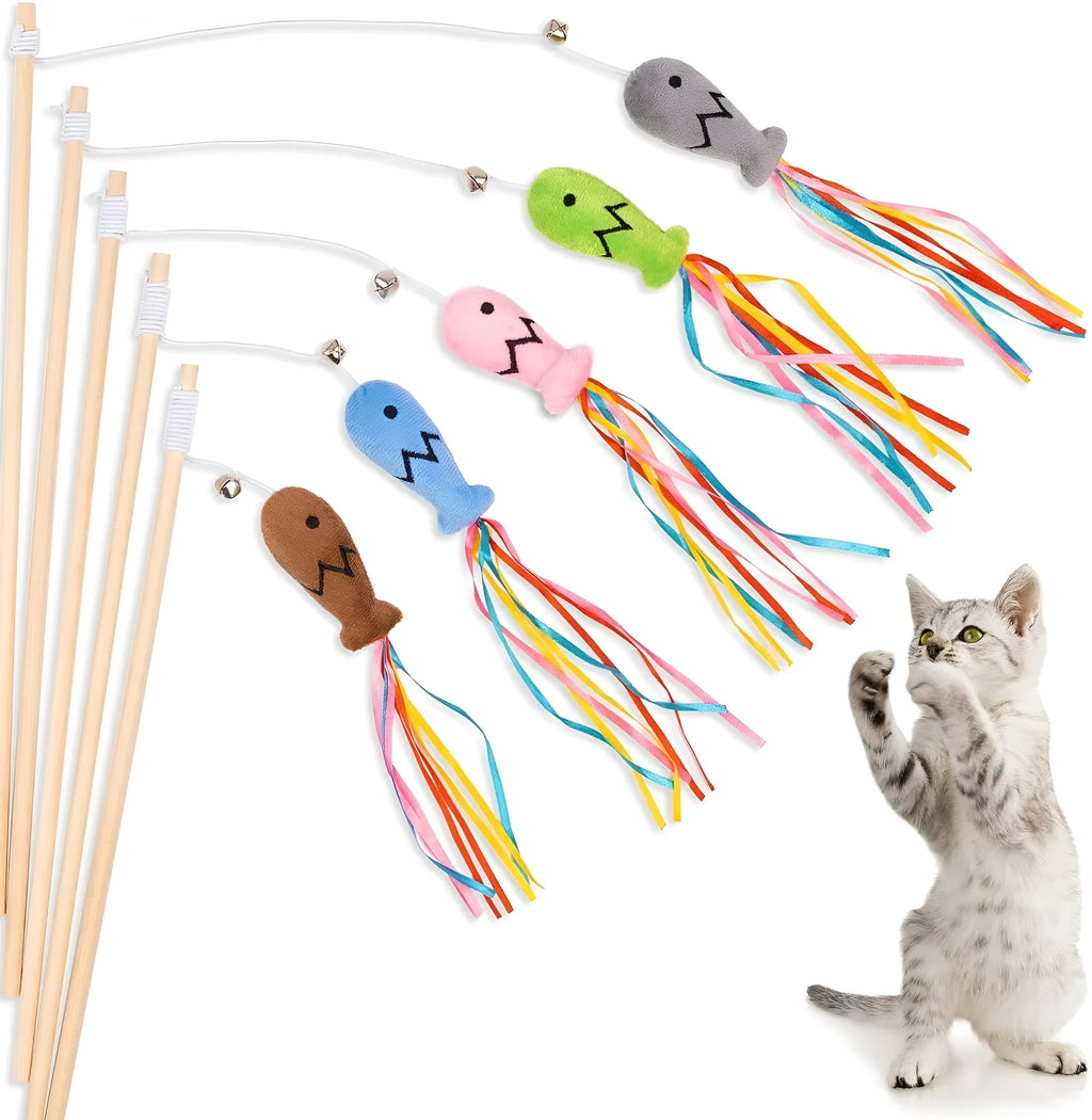 Wooden handle cat wand toy with catnip fish, colourful ribbons, and a bell for interactive play.