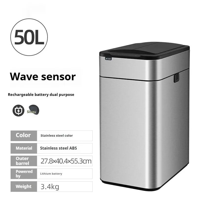 Stainless steel inductive smart trash can with square bucket design and sensor lid.