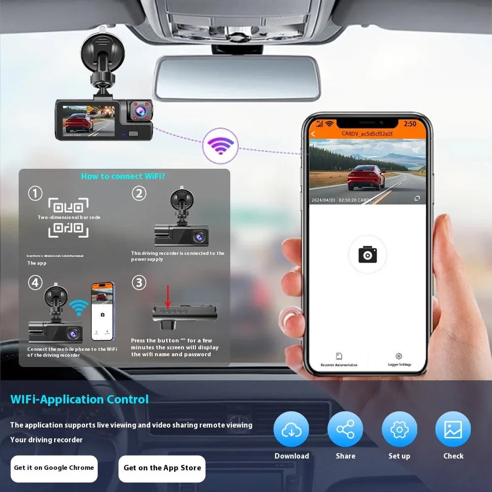 WiFi-enabled car dash cam with 2-inch screen showing on-device display