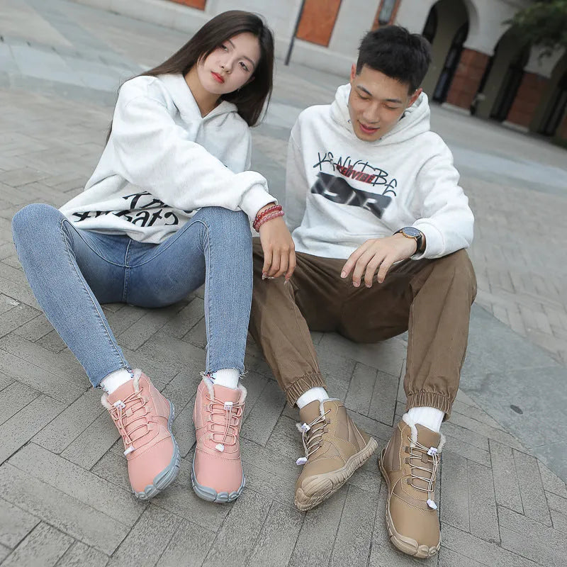 Outdoor snow boots in black, khaki, or pink with lace-up front and rubber sole