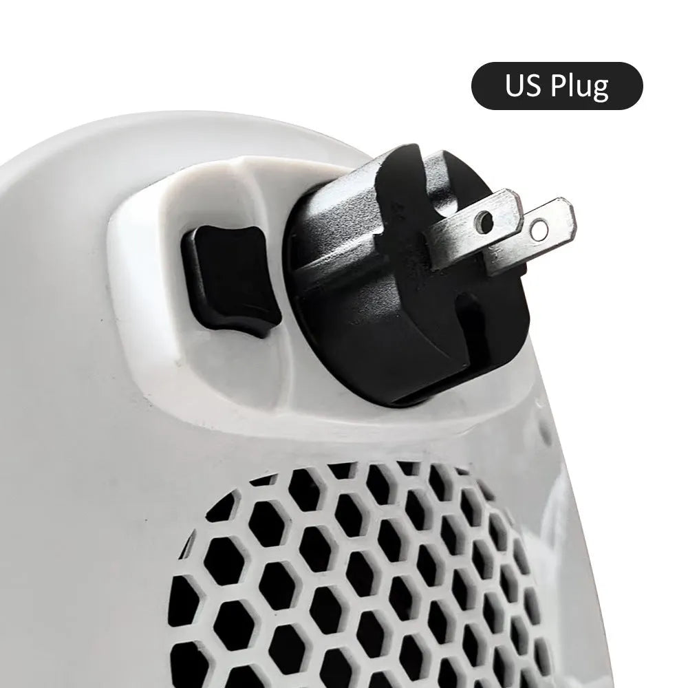 White ceramic heating electric hot air blower with remote control on a table.