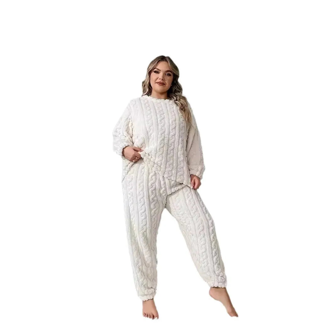 Women's creamy white two-piece trousers set with plush crew neck top and matching trousers in Japanese Korean casual style