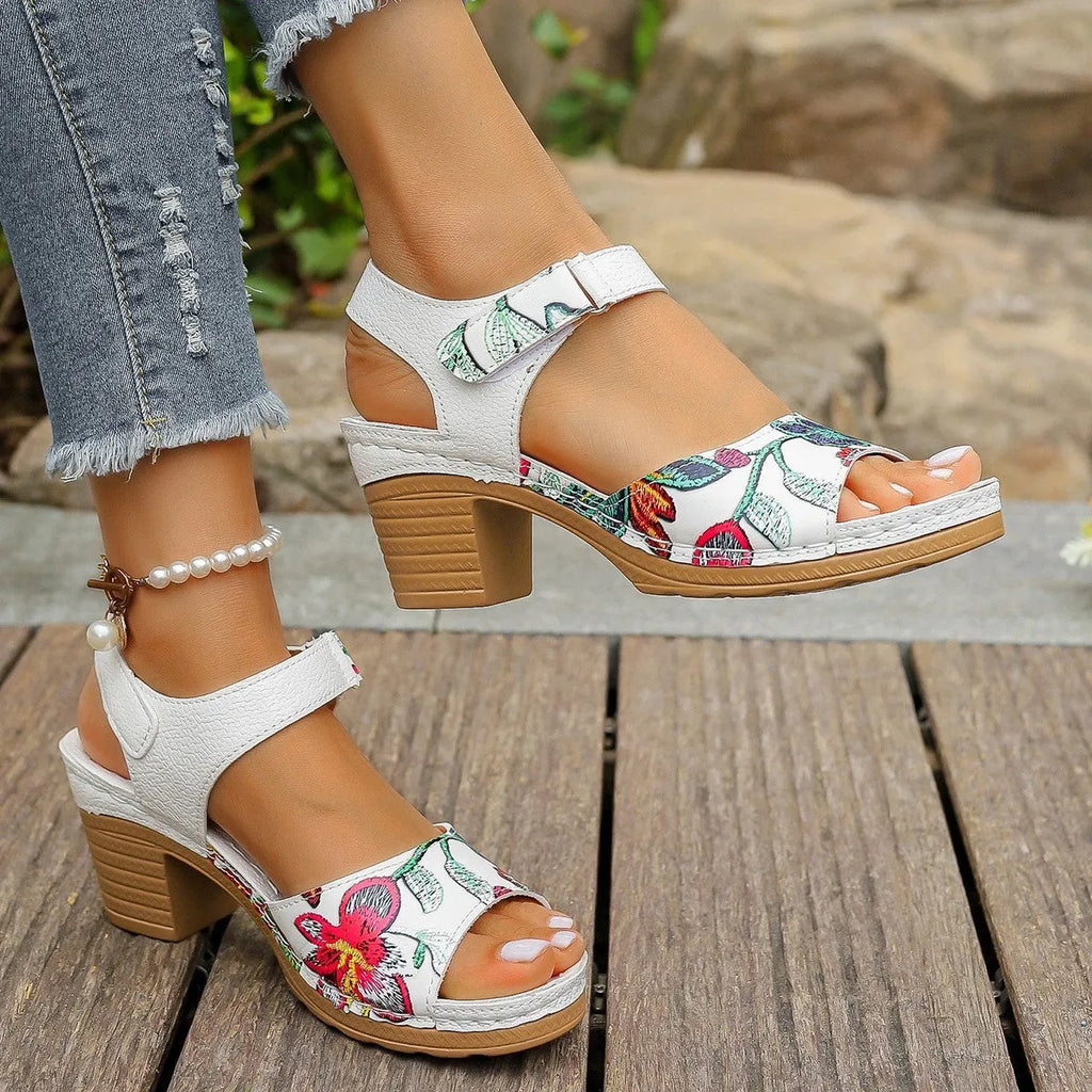 White women's high heel sandals with adjustable Velcro buckle fastening and rubber sole