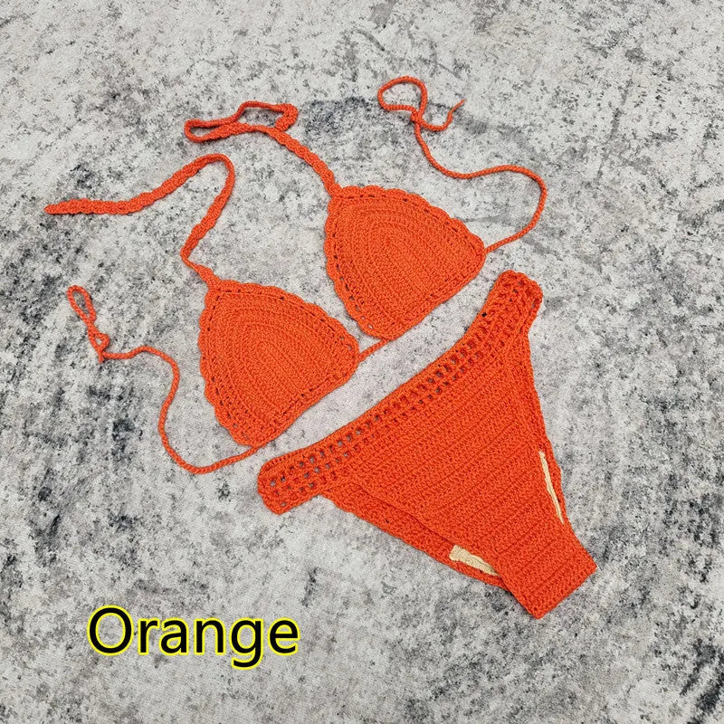 Women's 3-piece handmade crochet bikini set with skirt cover-up in solid colour acrylic fibre