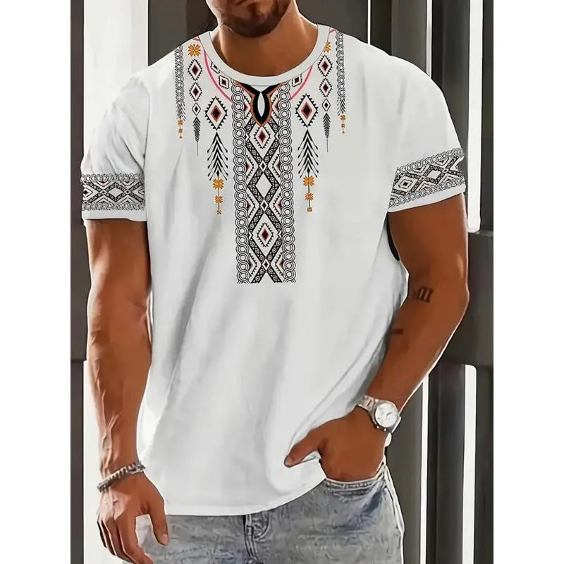 Men's loose fit casual t-shirt with 3D printed striped pattern on polyester fabric.