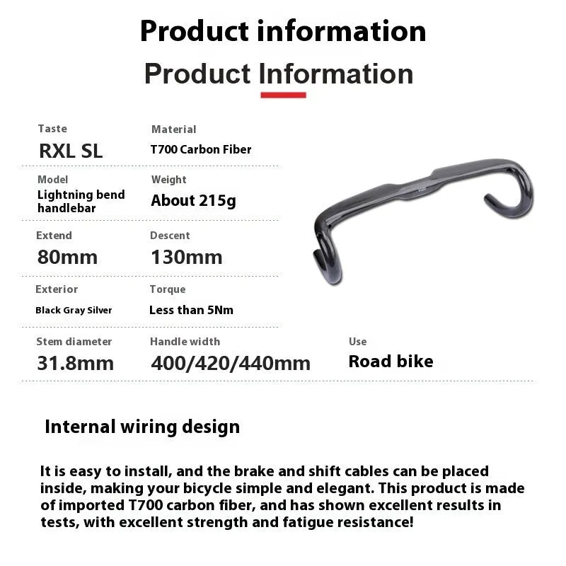 Carbon fibre road bicycle drop handlebar in black grey silver, shown in 400mm, 420mm, and 440mm width options.