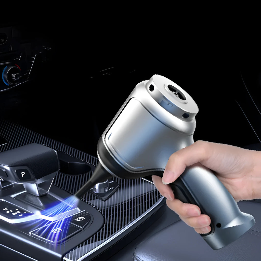 Handheld and vertical car mounted brushless inflatable vacuum cleaner with EVA bag.