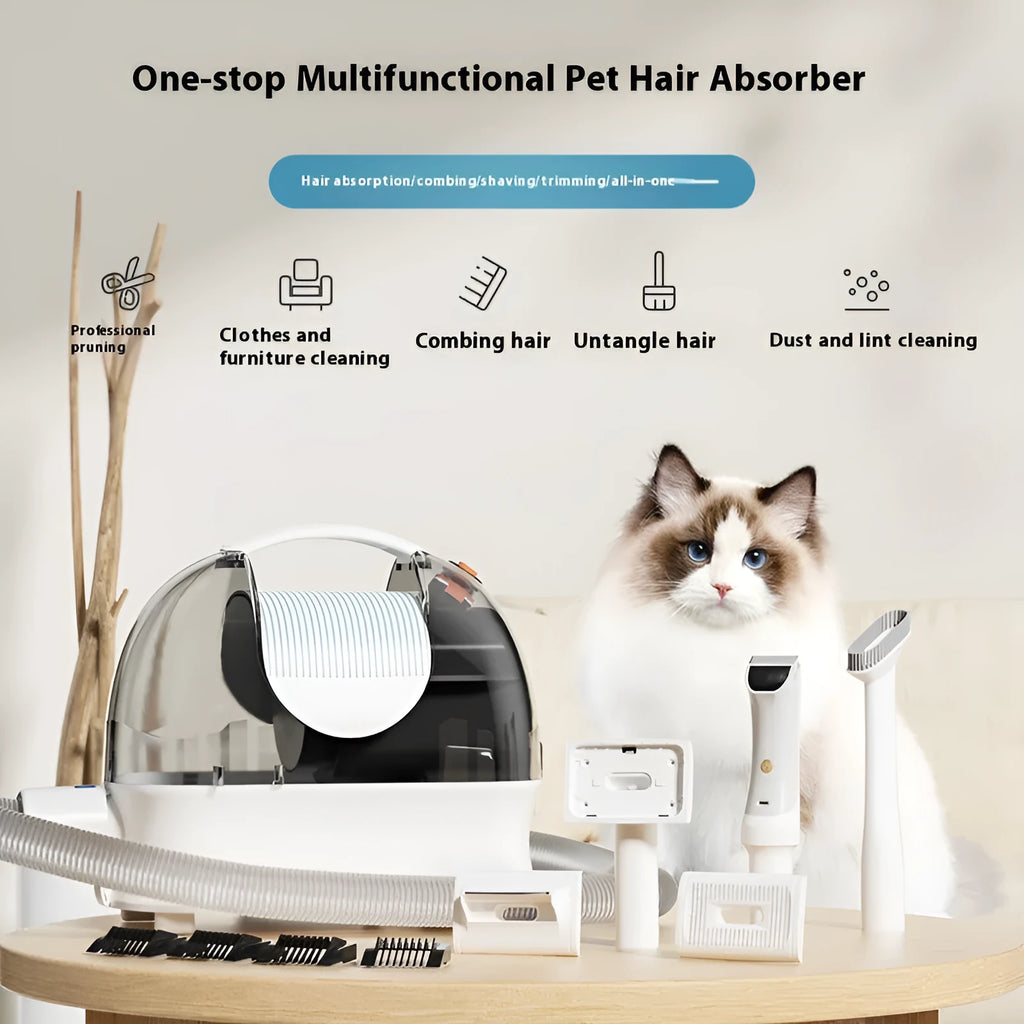 Pink and white pet grooming vacuum cleaner with electric clipper and multiple grooming attachments