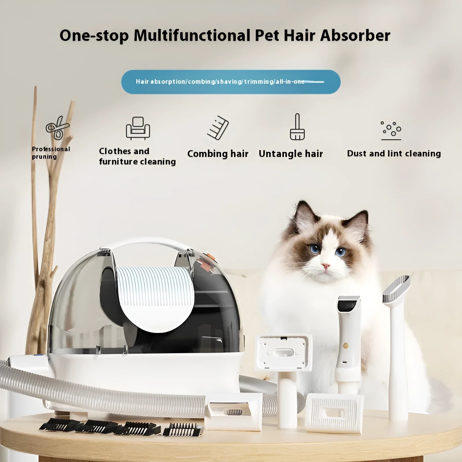 Pink and white pet grooming vacuum cleaner with electric clipper and multiple grooming attachments