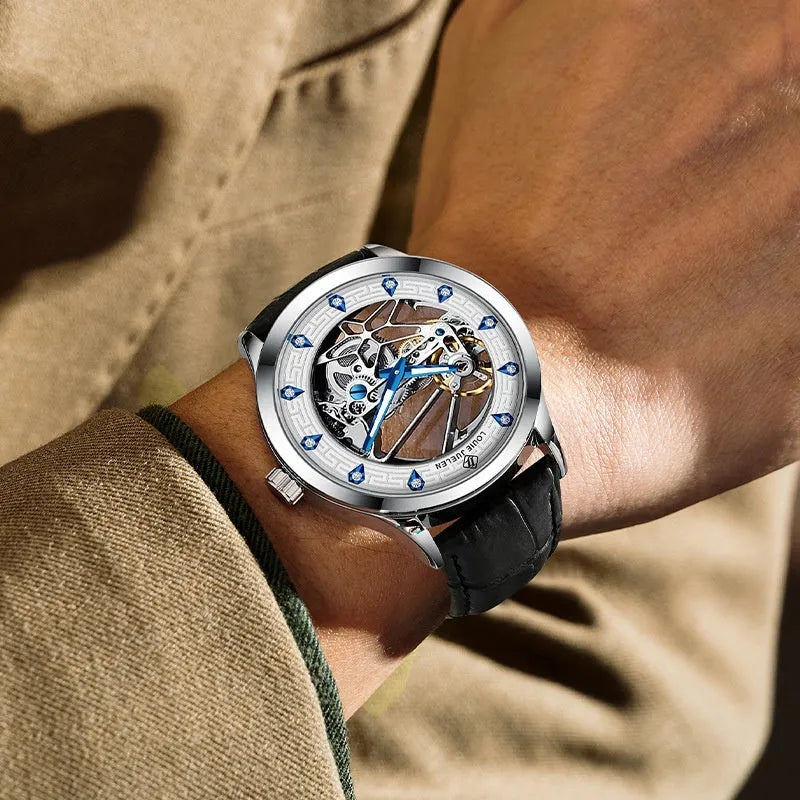 Men's silver mechanical watch with white dial blue luminous hands and brown genuine leather strap