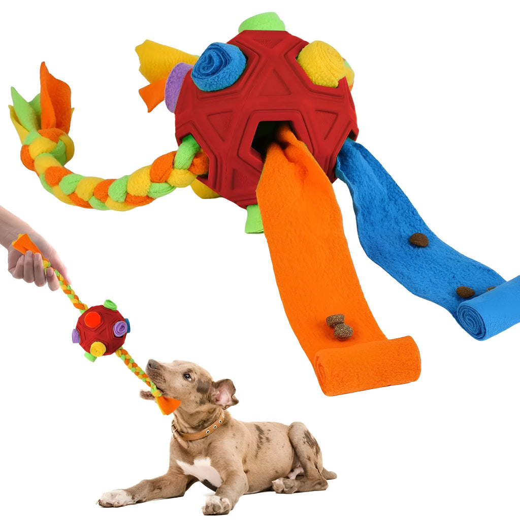Dog puzzle training ball in multiple colours with treat-dispensing holes for canine IQ games