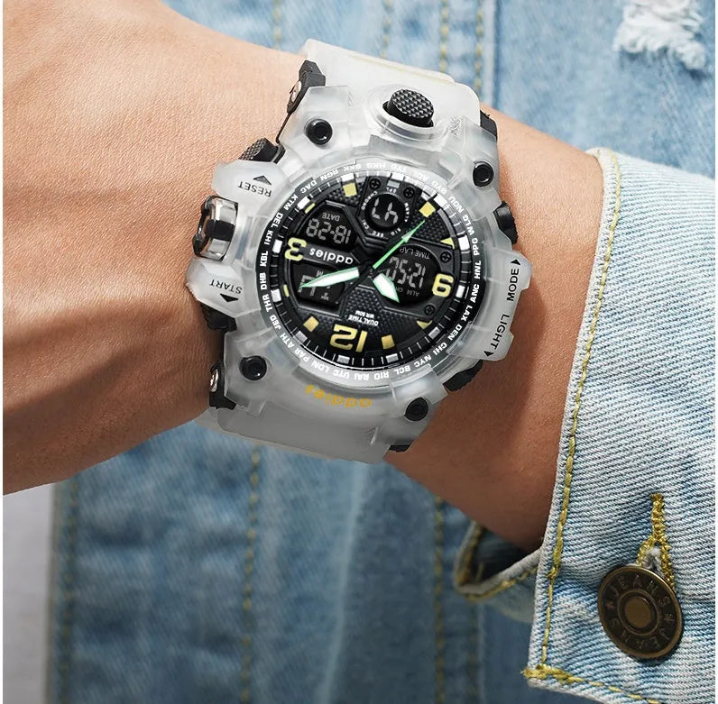 Men's dual display electronic sports watch with round plastic case and 50m waterproof rating