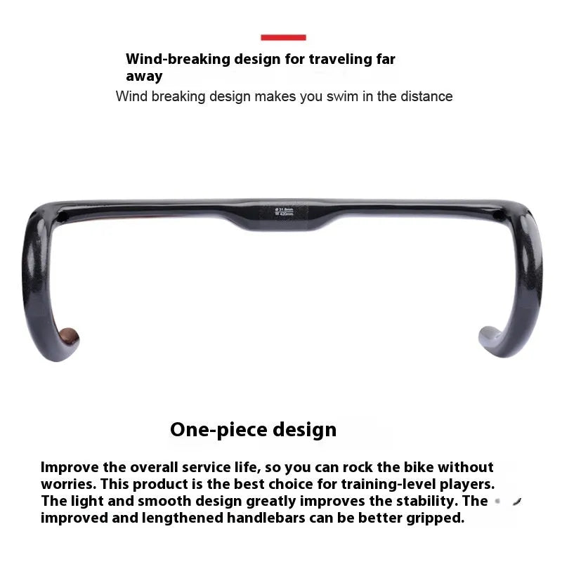 Carbon fibre road bicycle drop handlebar in black grey silver, shown in 400mm, 420mm, and 440mm width options.