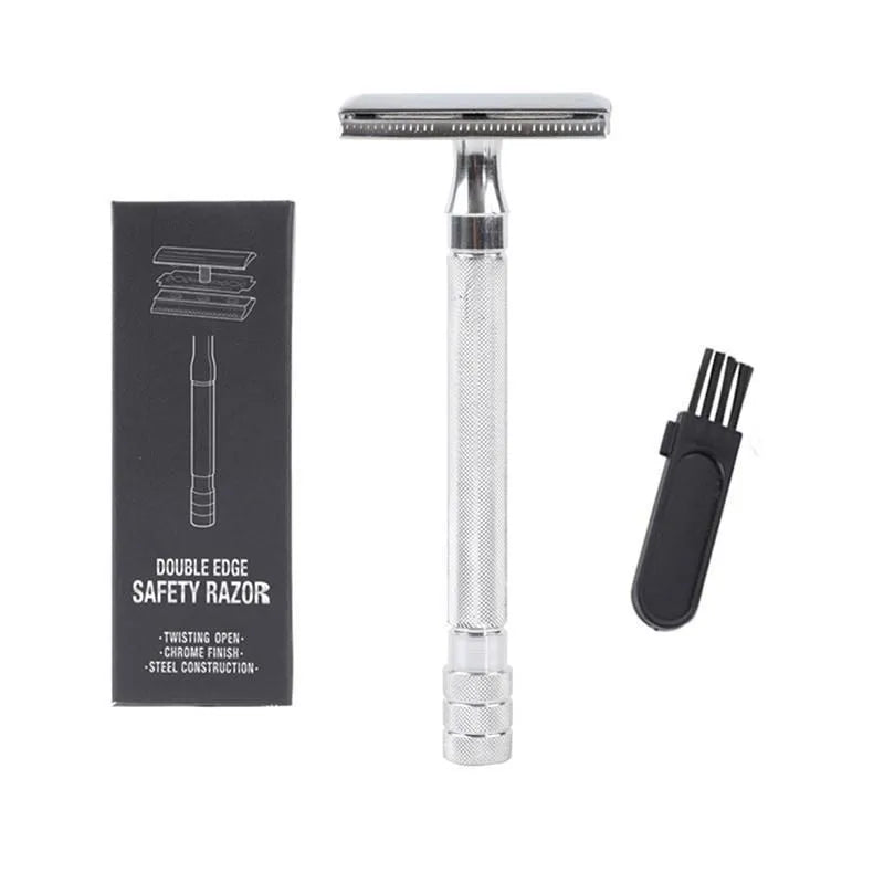 Manual barber shaving razor and brush combination set in traditional metal construction