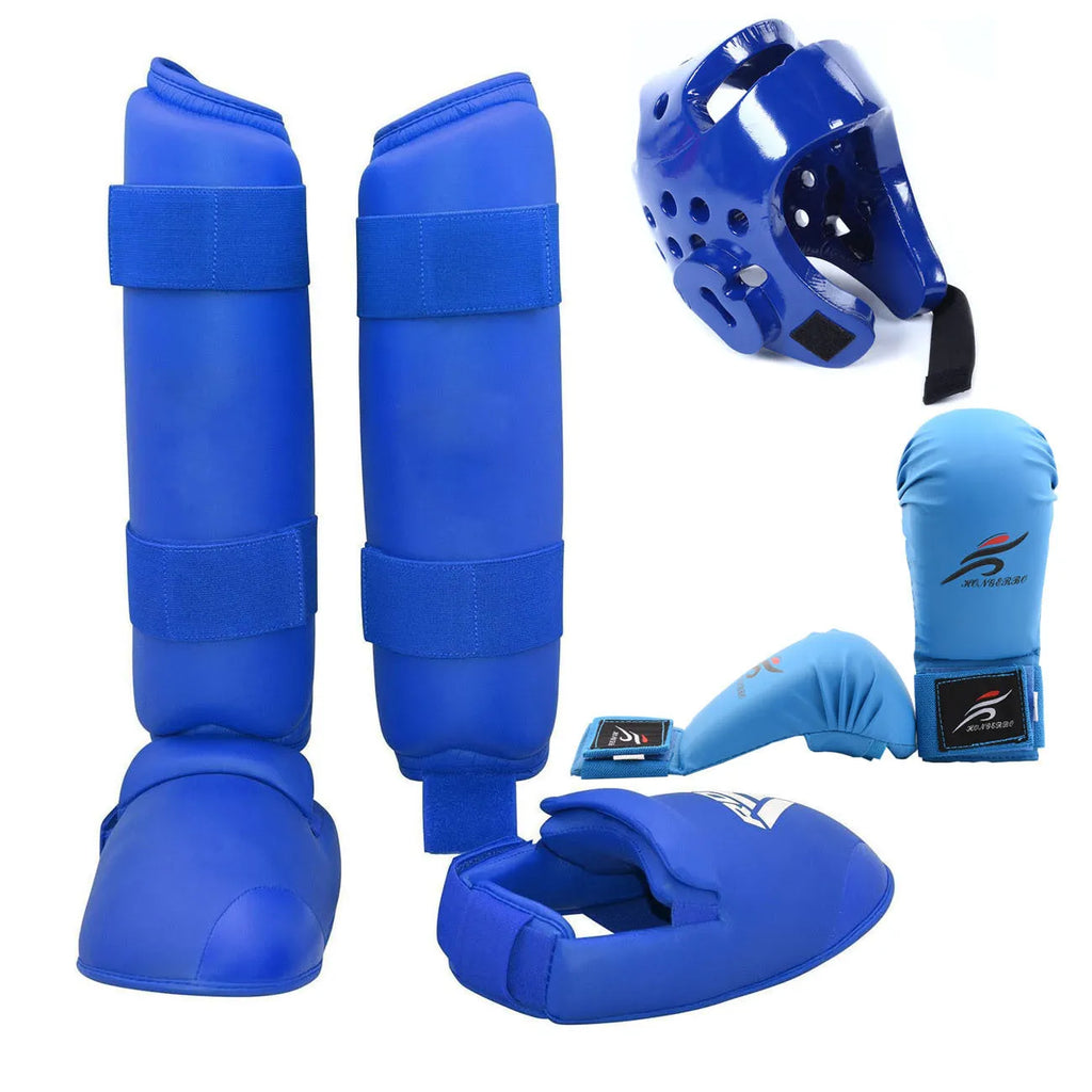 Red and blue karate protective gear set with helmet and leg guards for martial arts training