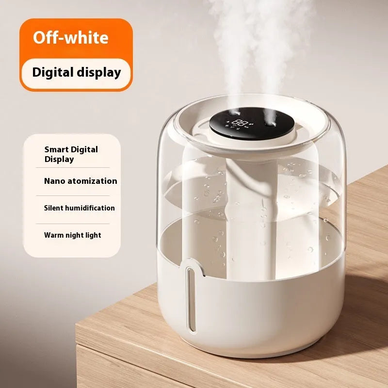Beige round USB humidifier with dual spray nozzles, humidity display, and night light on wooden surface