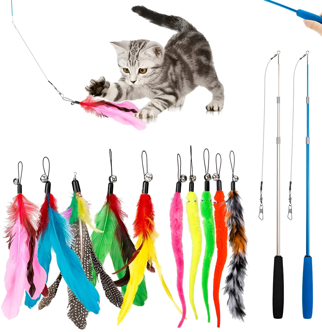 Cat teaser fishing rod set with two telescopic rods and 10 feather replacement heads