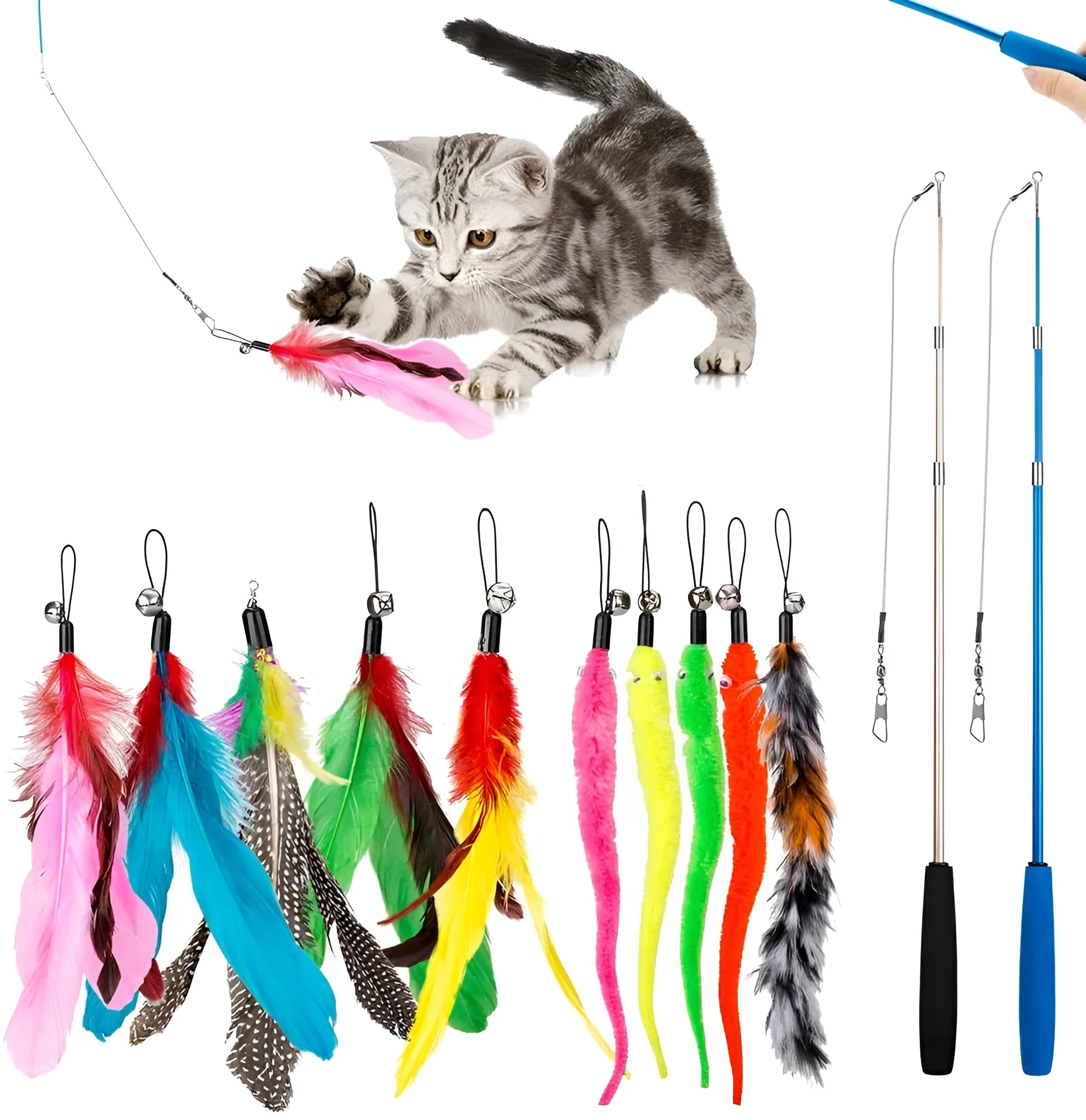 Cat teaser fishing rod set with two telescopic rods and 10 feather replacement heads