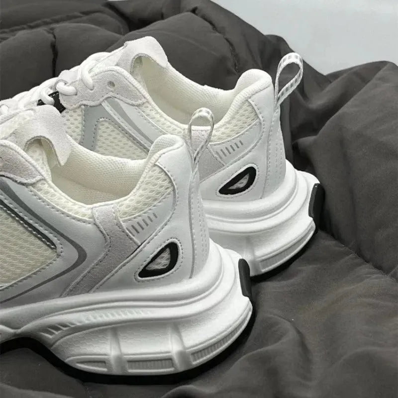 Beige Polar Wave mesh platform sports shoes with a wedge heel and lace-up front.