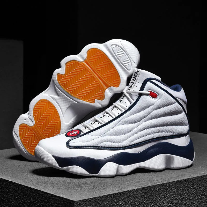 High-top basketball shoes in AJ13 white red colourway with mesh upper and rubber sole