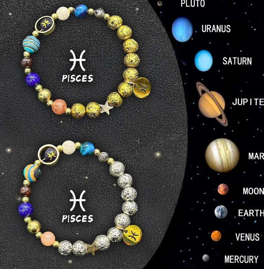 Set of twelve natural stone beaded bracelets for each zodiac sign, showing two matching bracelets per sign.