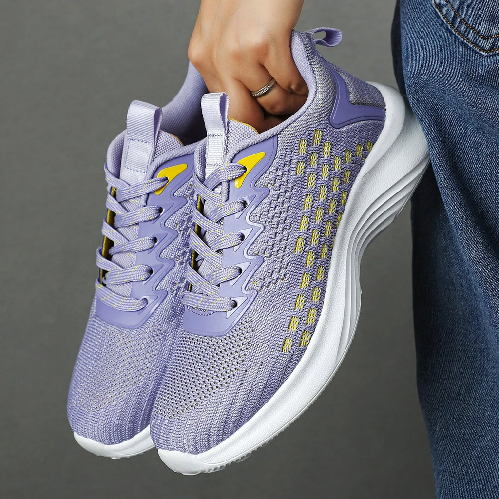 Women's lavender purple and royal blue flyknit running shoes with striped pattern and mesh lining in plus sizes
