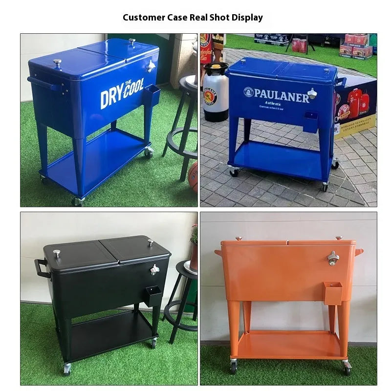 Red metal insulated trolley cooler with wheels and 750ml capacity for outdoor drinks.