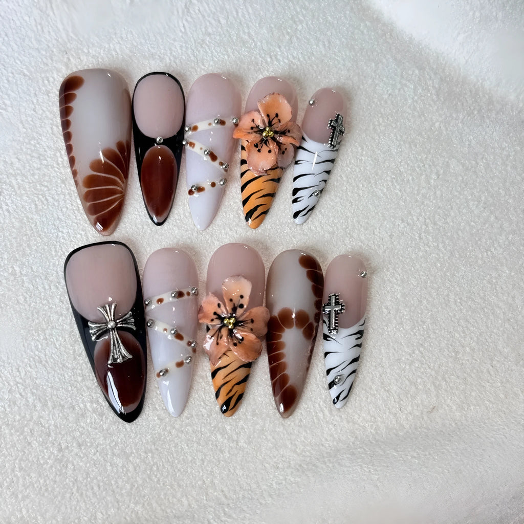 Leopard print nail stickers with floral and cross designs in XS S M L sizing options