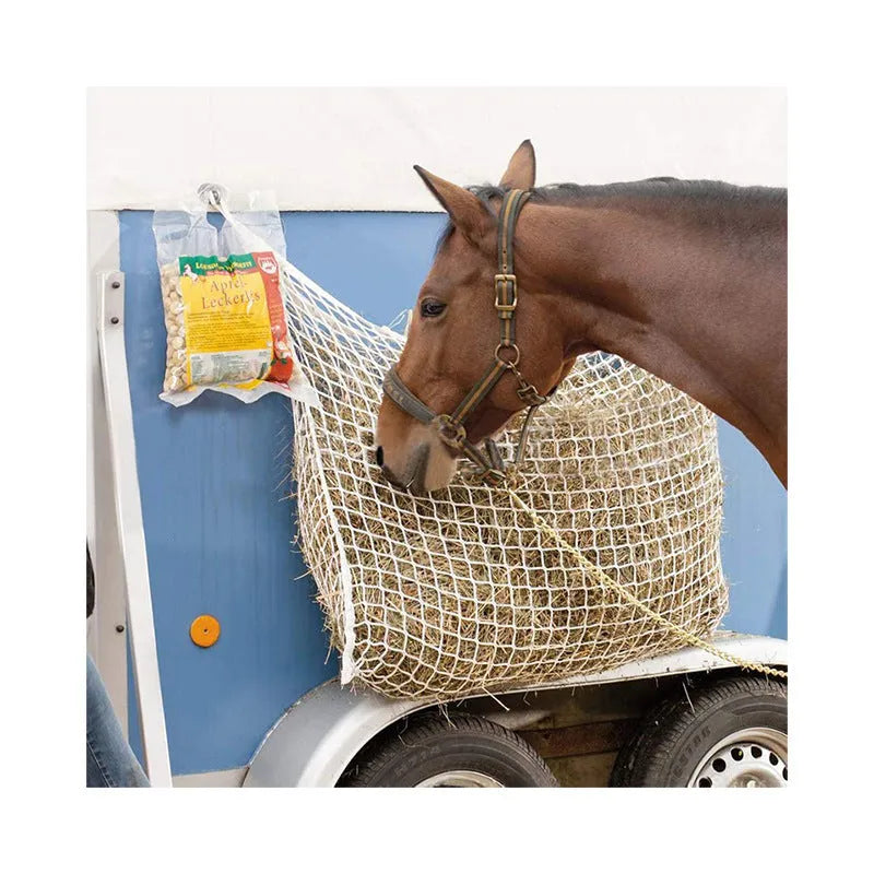 Black woven PE rope grid hanging feeding bag for horses and livestock.