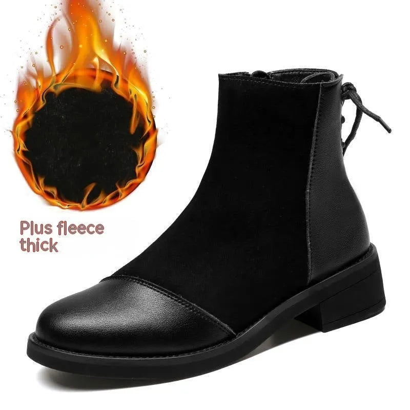 Black women's Martin Boots with knee-length design, side zip closure, and decorative bow detail