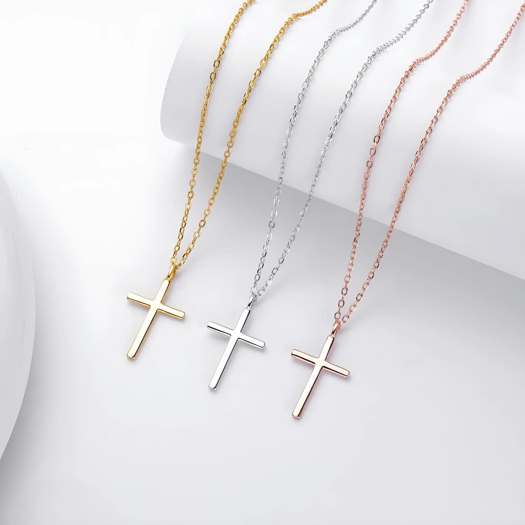 S925 sterling silver cross pendant necklace on adjustable O-shaped chain with three plating options
