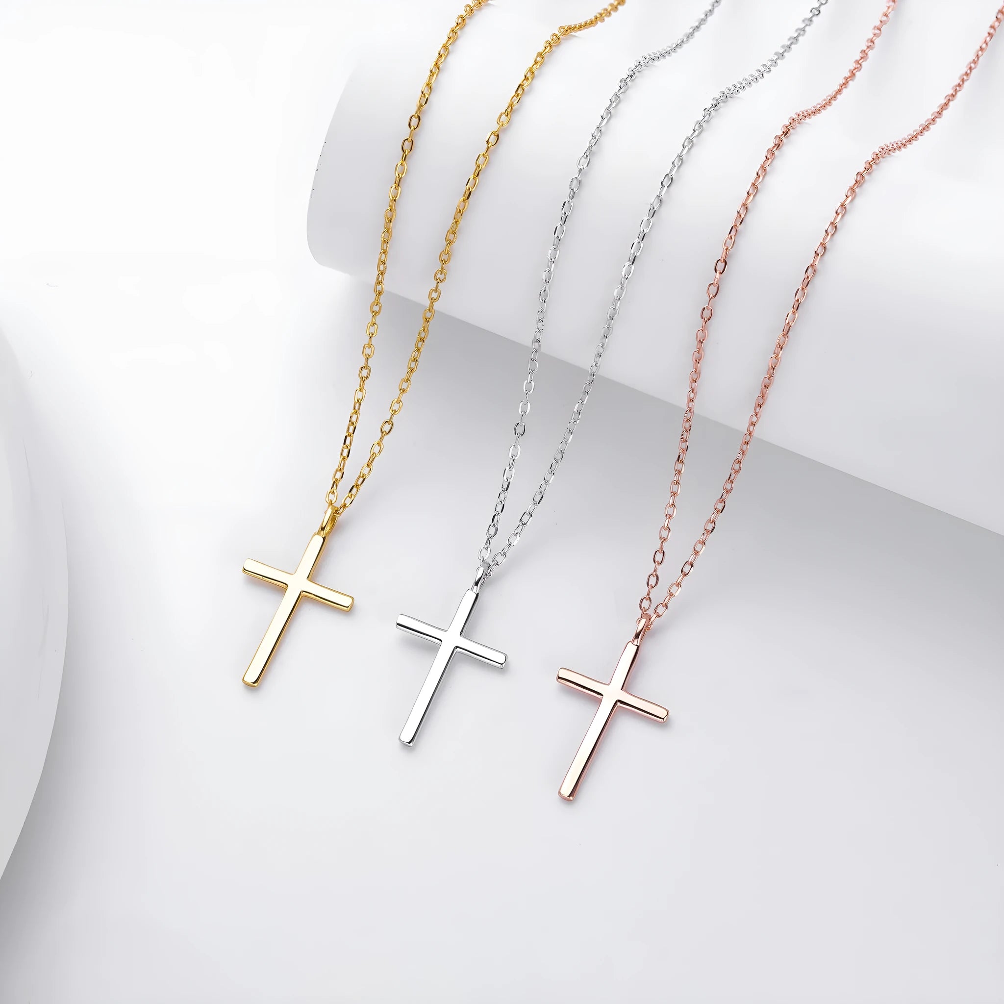S925 sterling silver cross pendant necklace on adjustable O-shaped chain with three plating options