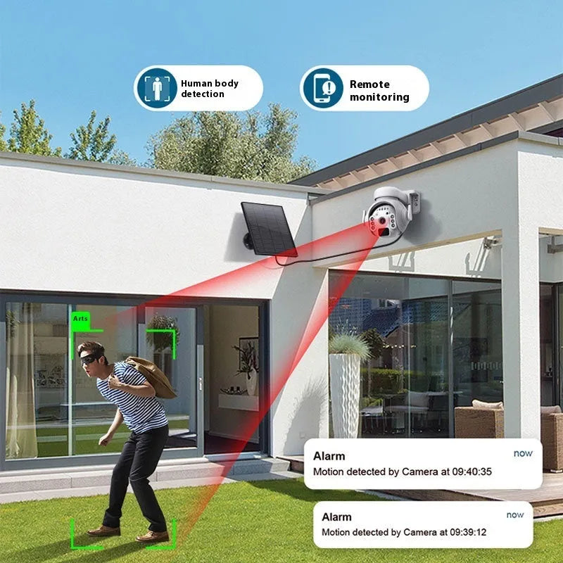 Outdoor solar security camera with camouflage finish showing integrated solar panel and lens