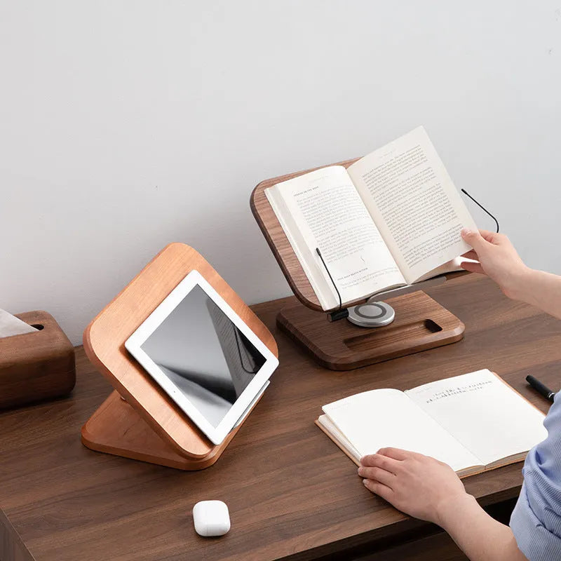 Solid wood reading rack in walnut colour with adjustable rotating mechanism holding a book