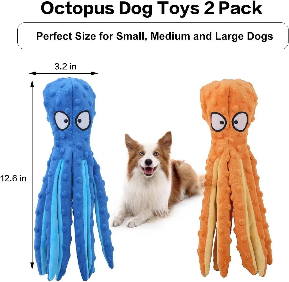 Blue octopus plush dog toy with tentacles, 32cm long no-stuffing chew toy with squeaker and crinkle sounds