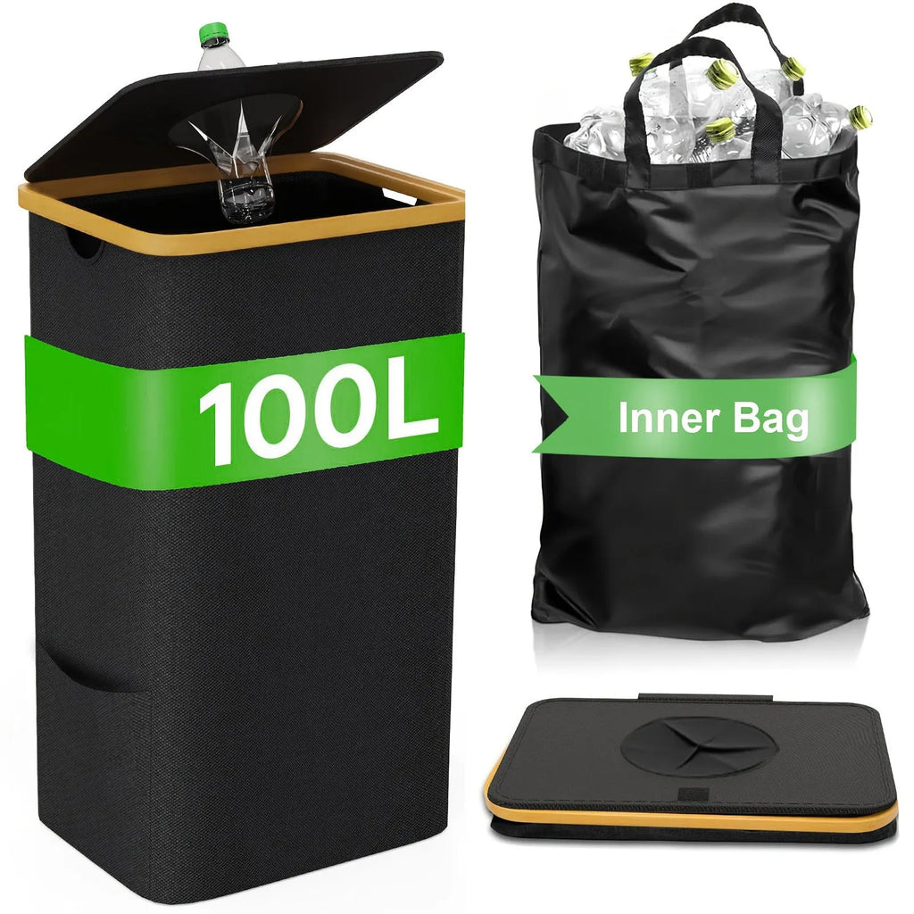 Black bamboo-framed Oxford cloth storage basket with removable lid, bottle holder, and inner pockets.