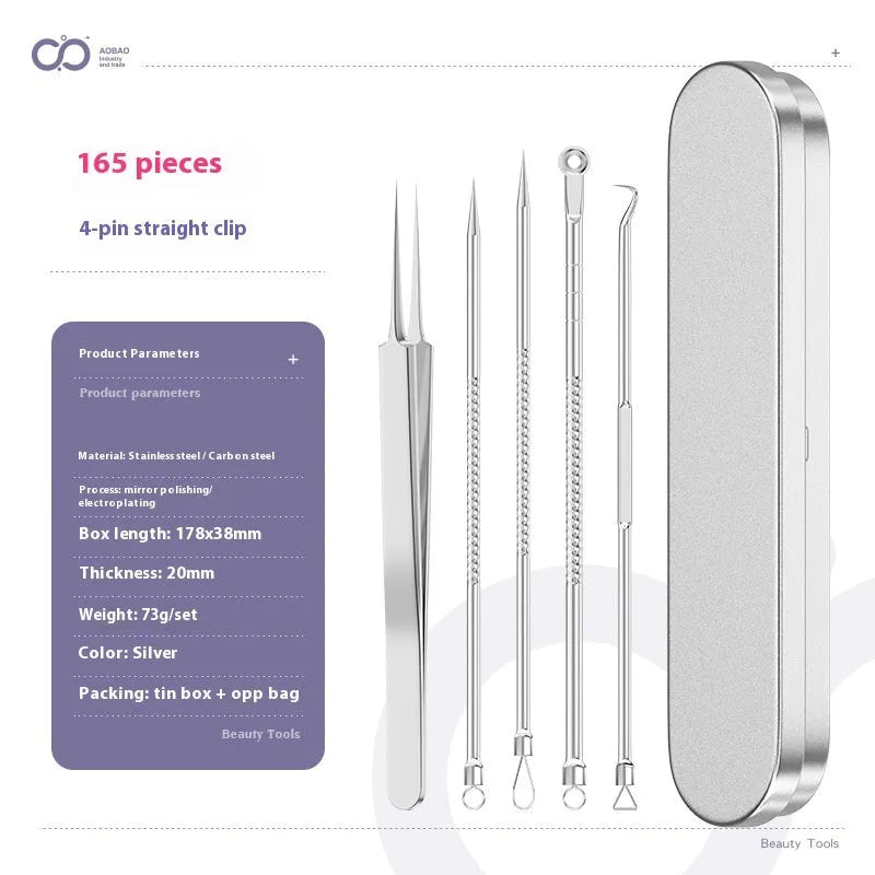 Four silver metal acne needles and a handling clip laid out on a clean surface.