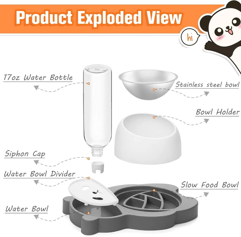 Grey panda-shaped tilted pet feeder with automatic water bottle for cats and small dogs