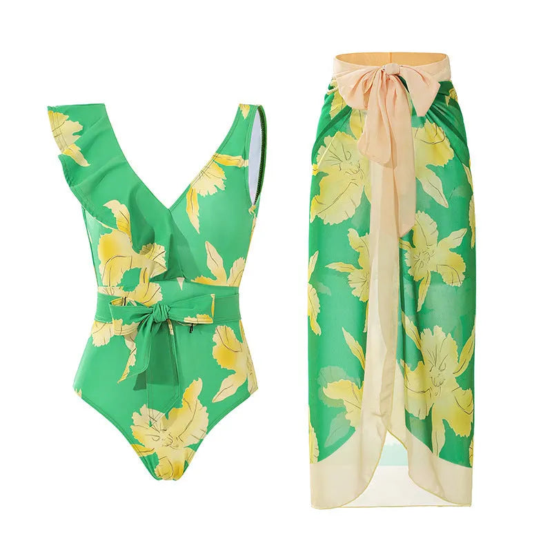 Women's solid colour one-piece swimsuit with spaghetti straps and attached skirt in polyester fabric