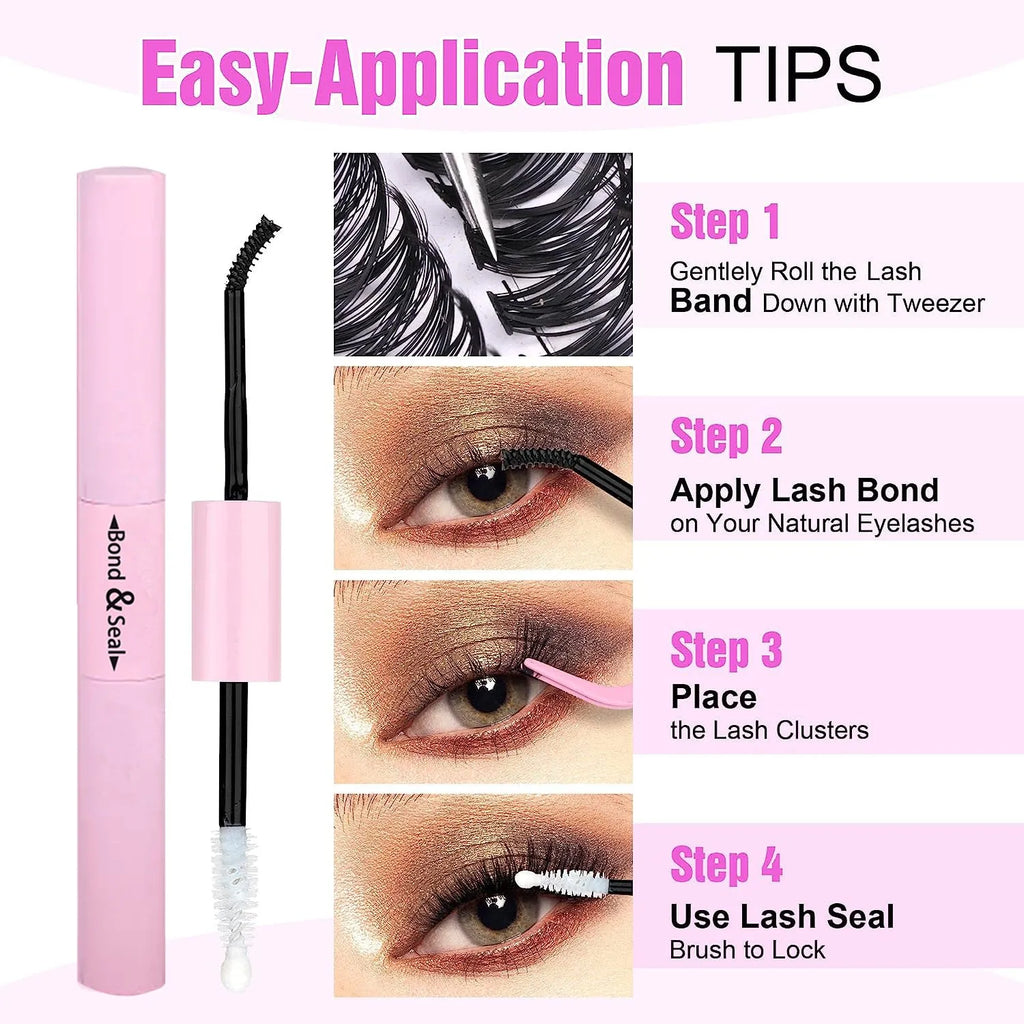 DIY cluster false eyelashes mixed package showing 30D and 40D densities in 9-16mm lengths with tweezers