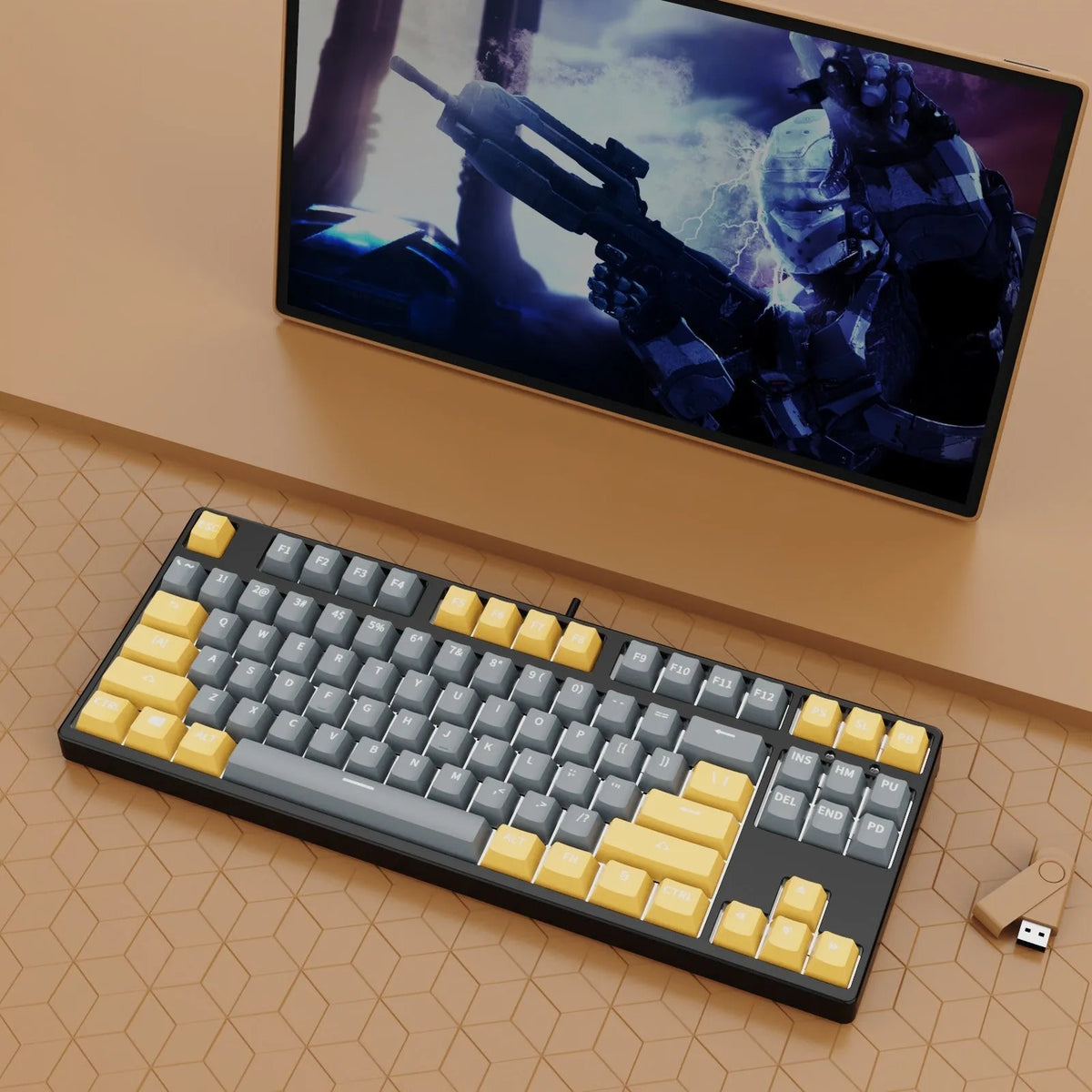 87-key mechanical keyboard with colourful keys on black or white metal chassis