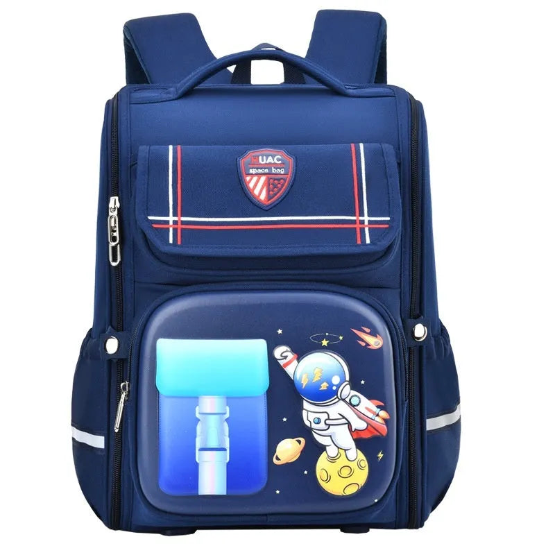 Children's cartoon backpack in Rabbit or Spaceman print with airpillow straps, shown in pink, purple, blue green, or blue red.