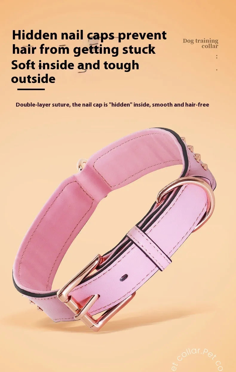 Leather dog collar with metal rivets and a stainless steel D-ring, shown in black, chocolate, and pink colour options.