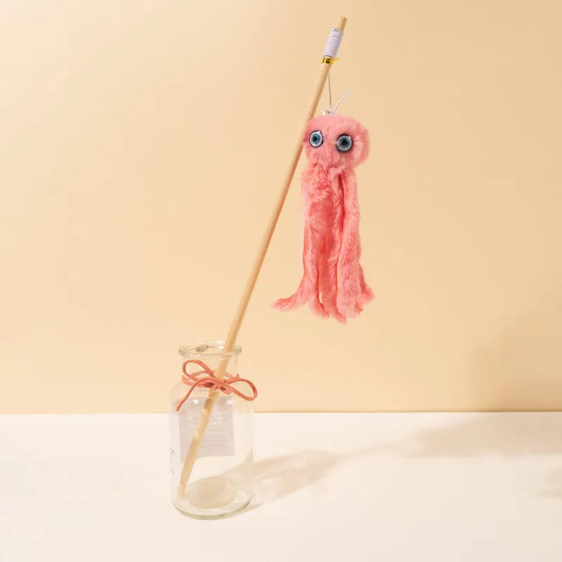 Furry octopus cat toy attached to long stick for interactive indoor play with kittens