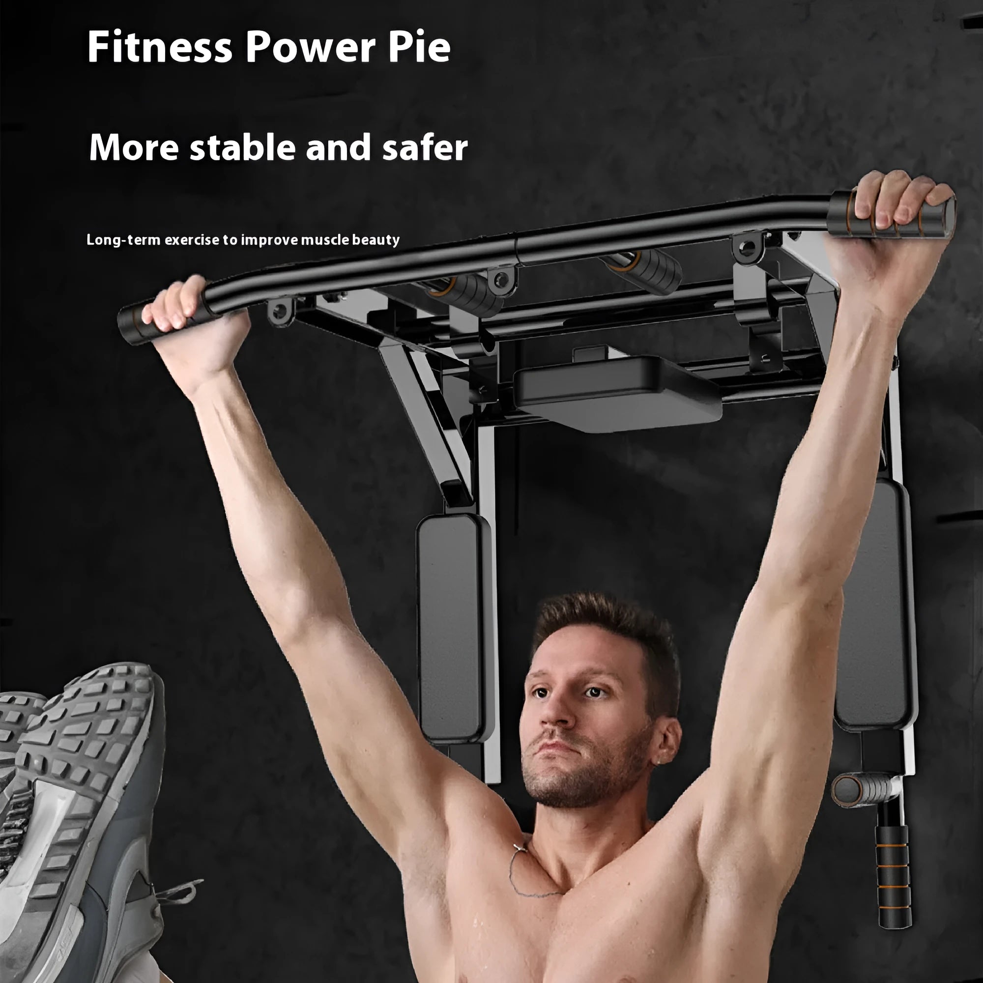 Black steel wall-mounted fitness rack with parallel bars and a sandbag hook.